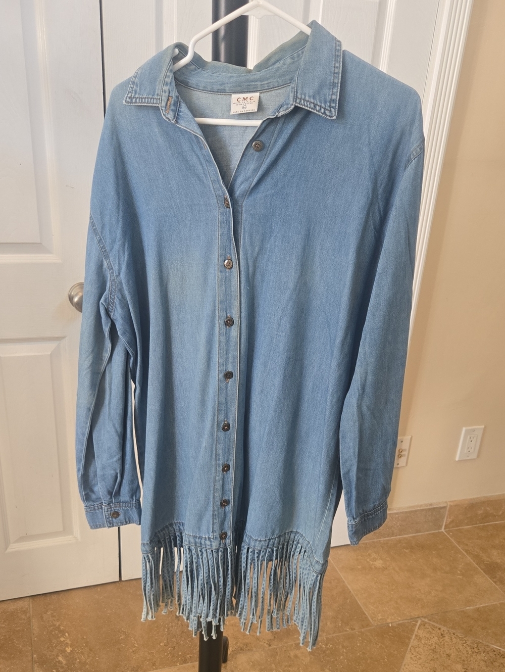 Vintage Light Blue Denim Fringe Button-Front Tunic M